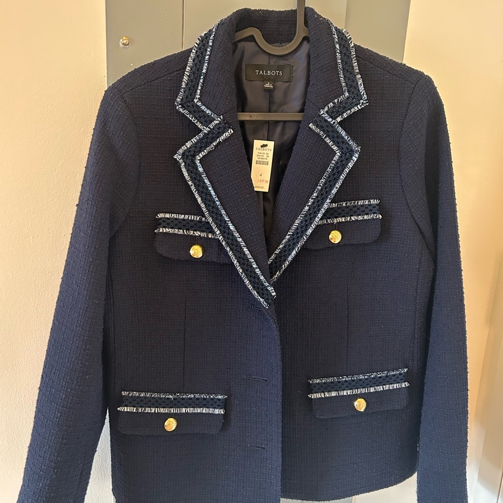 NWT Talbots Tweed Navy Dark Blue Jacket with Gold Accents